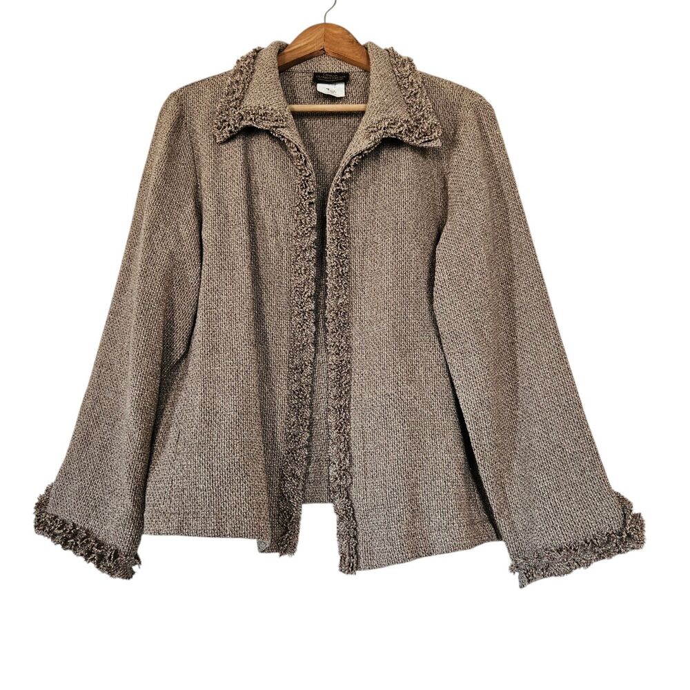 Linda Lundstrom Cardigan Sweater Womens 12 Beige Ruffle Wool Open Front Classic